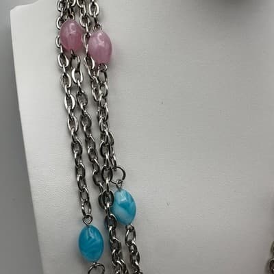 Vintage Y2K 4-Layered Chain Necklace Pink & Blue Acrylic Beads Silver Tone Retro - Thumbnail 4