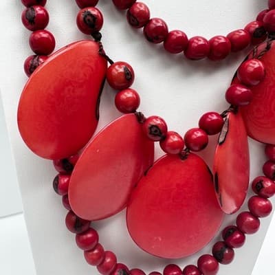 Vintage 90s Red Tagua Nut Bead Statement Necklace Multi Strand Tribal Ethnic Y2K - Thumbnail 9