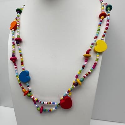 Vintage 90s Multi Color Wood Heart Beaded Necklace Rainbow Boho Long Layering - Thumbnail 4