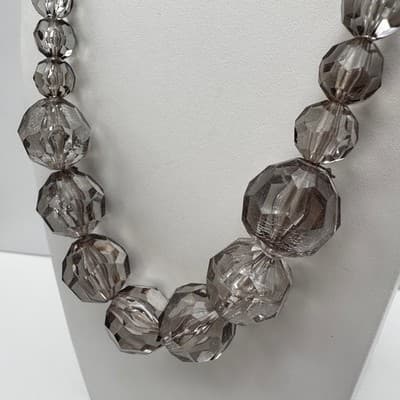 Vintage 90s Smokey Gray Glass Bead Necklace Silver Tone Statement Jewelry Retro - Thumbnail 7