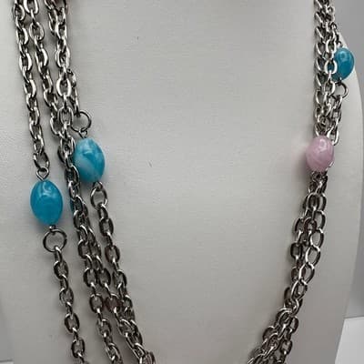 Vintage Y2K 4-Layered Chain Necklace Pink & Blue Acrylic Beads Silver Tone Retro - Thumbnail 3