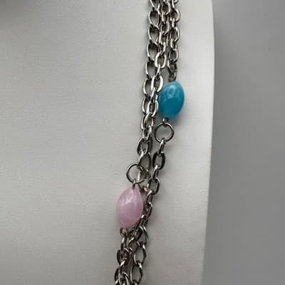 Vintage Y2K 4-Layered Chain Necklace Pink & Blue Acrylic Beads Silver Tone Retro - Thumbnail 5