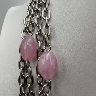 Vintage Y2K 4-Layered Chain Necklace Pink & Blue Acrylic Beads Silver Tone Retro - Thumbnail 8