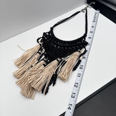 Vintage Chico's 90s Boho Bib Necklace Black Beads Beige Raffia Tassels Jewelry - Thumbnail 8