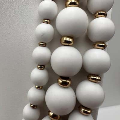 Vintage Y2K Multi Strand White Bead Necklace Gold Tone Rhinestone Yellow Flower - Thumbnail 6