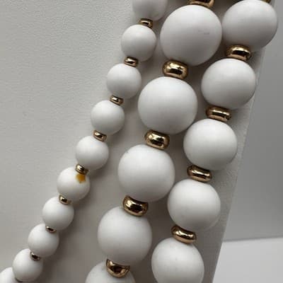 Vintage Y2K Multi Strand White Bead Necklace Gold Tone Rhinestone Yellow Flower - Thumbnail 5