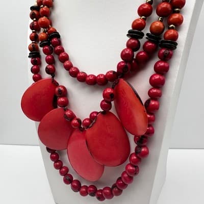 Vintage 90s Red Tagua Nut Bead Statement Necklace Multi Strand Tribal Ethnic Y2K - Thumbnail 4