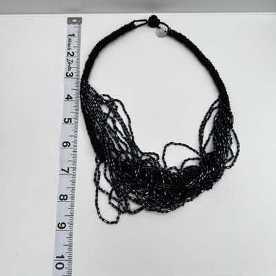 Vintage 90s ZAD Black Multi-Strand Seed Bead Bib Necklace Boho Statement Goth - Thumbnail 11