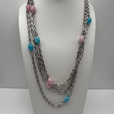 Vintage Y2K 4-Layered Chain Necklace Pink & Blue Acrylic Beads Silver Tone Retro