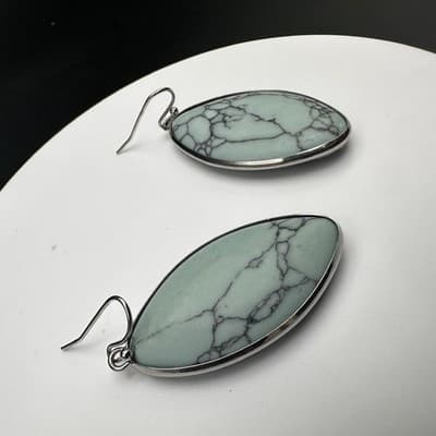 Vintage Light Green Marquise Stone Dangle Earrings Silver Tone Boho Jewelry - Thumbnail 10