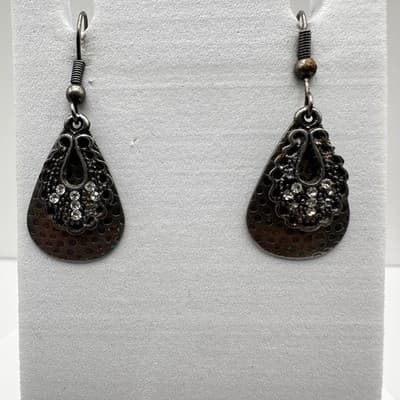 Vintage 90s Silver Tone Hammered Teardrop Earrings Rhinestone Dangle Women's