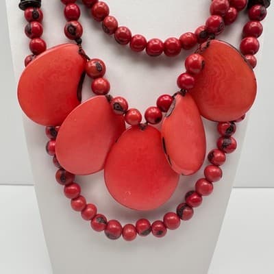Vintage 90s Red Tagua Nut Bead Statement Necklace Multi Strand Tribal Ethnic Y2K - Thumbnail 2