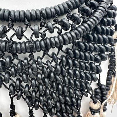 Vintage Chico's 90s Boho Bib Necklace Black Beads Beige Raffia Tassels Jewelry - Thumbnail 4