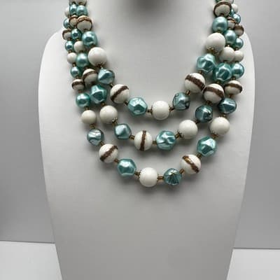 Vintage 80s Multi-Strand Blue & White Bead Necklace Boho Fashion Women's Jewelry - Thumbnail 2