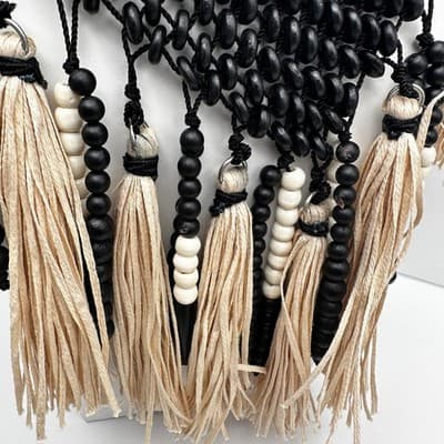 Vintage Chico's 90s Boho Bib Necklace Black Beads Beige Raffia Tassels Jewelry - Thumbnail 3