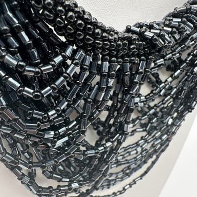 Vintage 90s ZAD Black Multi-Strand Seed Bead Bib Necklace Boho Statement Goth - Thumbnail 7