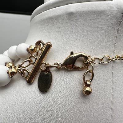Vintage Y2K Multi Strand White Bead Necklace Gold Tone Rhinestone Yellow Flower - Thumbnail 7