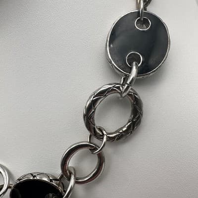 Vintage 90s Chunky Link Necklace Black Oval Inlay Silver Tone Women's Jewelry - Thumbnail 5