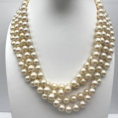 Vintage 90s Trio Strand Faux Pearl Necklace Cream Statement Women's Jewlery Boho