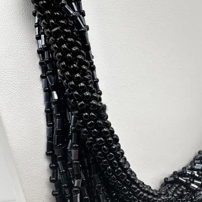 Vintage 90s ZAD Black Multi-Strand Seed Bead Bib Necklace Boho Statement Goth - Thumbnail 6