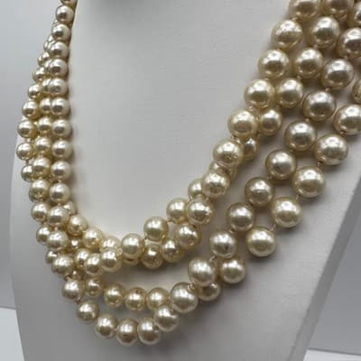 Vintage 90s Trio Strand Faux Pearl Necklace Cream Statement Women's Jewlery Boho - Thumbnail 4