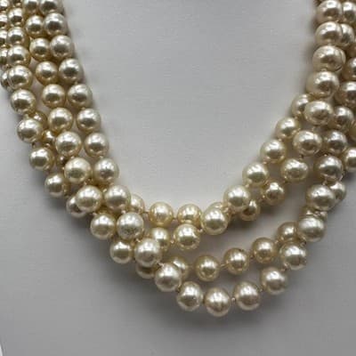 Vintage 90s Trio Strand Faux Pearl Necklace Cream Statement Women's Jewlery Boho - Thumbnail 2
