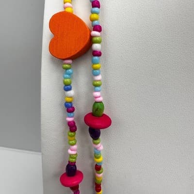 Vintage 90s Multi Color Wood Heart Beaded Necklace Rainbow Boho Long Layering - Thumbnail 7