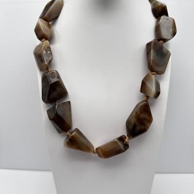 Vintage 90s Chunky Gray Brown Resin Bead Statement Necklace Boho Women's Jewelry - Thumbnail 2
