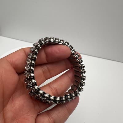 Vintage 90s Rhinestone Stretch Bracelet Glamour Silver Stone Women's Jewelry - Thumbnail 7