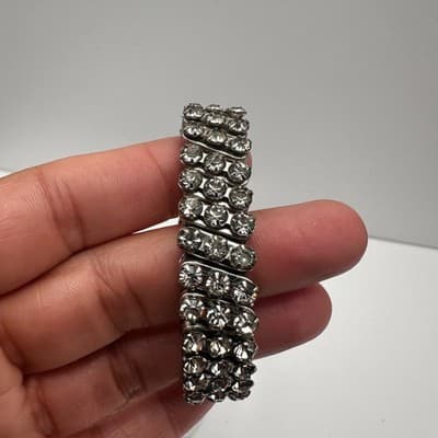 Vintage 90s Rhinestone Stretch Bracelet Glamour Silver Stone Women's Jewelry - Thumbnail 6