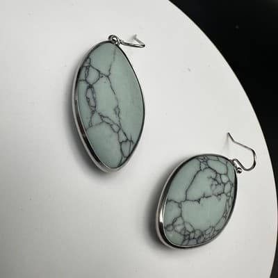 Vintage Light Green Marquise Stone Dangle Earrings Silver Tone Boho Jewelry - Thumbnail 8