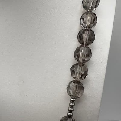 Vintage 90s Smokey Gray Glass Bead Necklace Silver Tone Statement Jewelry Retro - Thumbnail 6