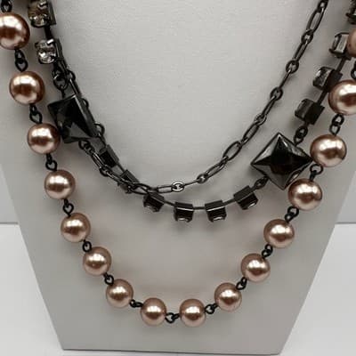 Vintage Y2K LOFT Multi-Strand Necklace Pink Faux Pearl Beads Tennis Rhinestone - Thumbnail 2