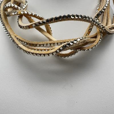 Vintage 90s Tan Suede Leather Multi-Strand Rhinestone Choker Necklace Women's - Thumbnail 2