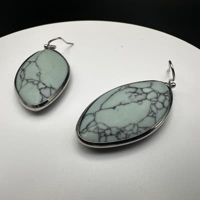 Vintage Light Green Marquise Stone Dangle Earrings Silver Tone Boho Jewelry - Thumbnail 9