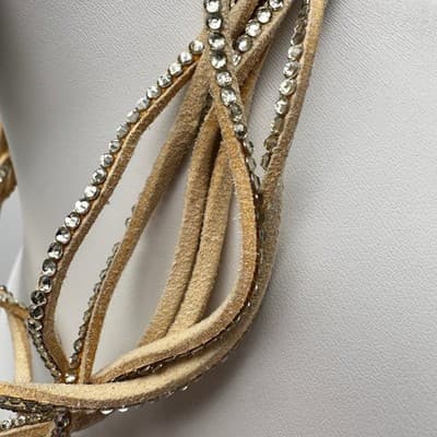 Vintage 90s Tan Suede Leather Multi-Strand Rhinestone Choker Necklace Women's - Thumbnail 6