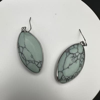 Vintage Light Green Marquise Stone Dangle Earrings Silver Tone Boho Jewelry - Thumbnail 7