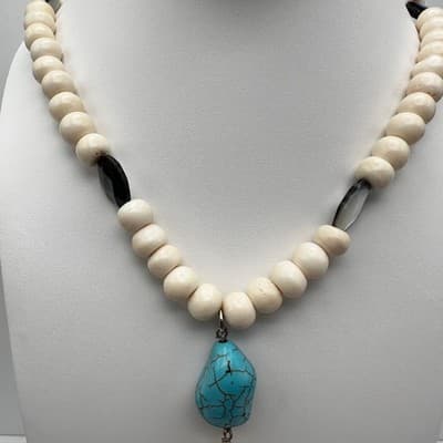 Vintage 90s Chico's Cream Beaded Necklace Faux Turquoise Tassel Boho Jewelry 90s - Thumbnail 2