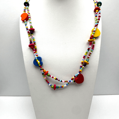 Vintage 90s Multi Color Wood Heart Beaded Necklace Rainbow Boho Long Layering