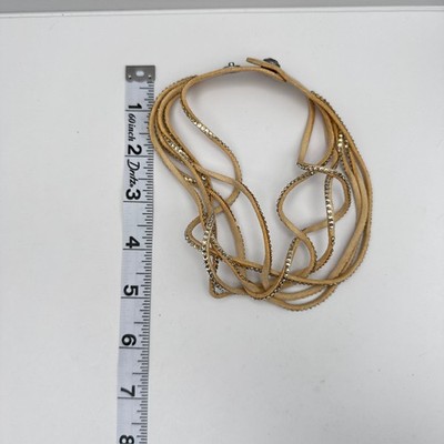 Vintage 90s Tan Suede Leather Multi-Strand Rhinestone Choker Necklace Women's - Thumbnail 9