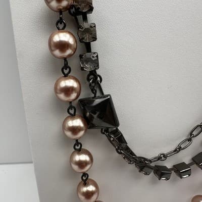 Vintage Y2K LOFT Multi-Strand Necklace Pink Faux Pearl Beads Tennis Rhinestone - Thumbnail 3