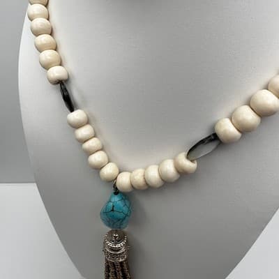 Vintage 90s Chico's Cream Beaded Necklace Faux Turquoise Tassel Boho Jewelry 90s - Thumbnail 10