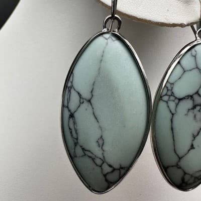 Vintage Light Green Marquise Stone Dangle Earrings Silver Tone Boho Jewelry - Thumbnail 5