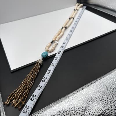 Vintage 90s Chico's Cream Beaded Necklace Faux Turquoise Tassel Boho Jewelry 90s - Thumbnail 13