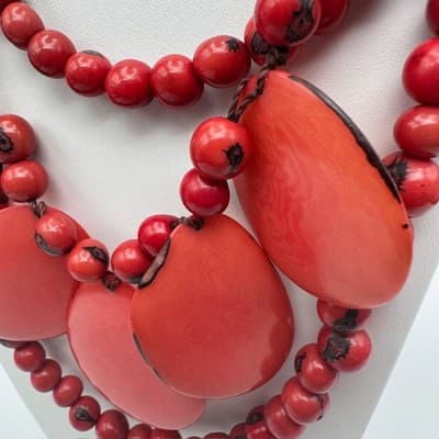 Vintage 90s Red Tagua Nut Bead Statement Necklace Multi Strand Tribal Ethnic Y2K - Thumbnail 8