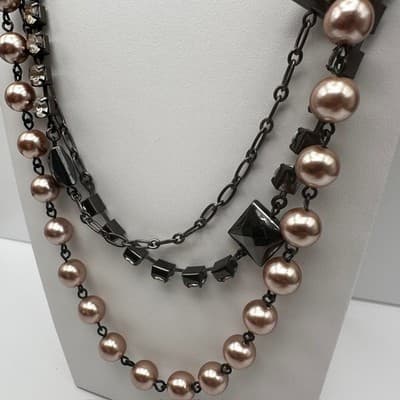 Vintage Y2K LOFT Multi-Strand Necklace Pink Faux Pearl Beads Tennis Rhinestone - Thumbnail 7