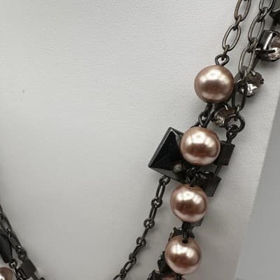 Vintage Y2K LOFT Multi-Strand Necklace Pink Faux Pearl Beads Tennis Rhinestone - Thumbnail 5