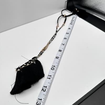 Vintage 90s Boho Black Tassel Statement Necklace Gold & Silver Tone Beaded Bib - Thumbnail 11