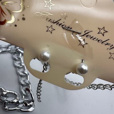 Vintage 90s Silver Tone Double Layer Curb Chain Necklace & Pearl Earrings Set - Thumbnail 8