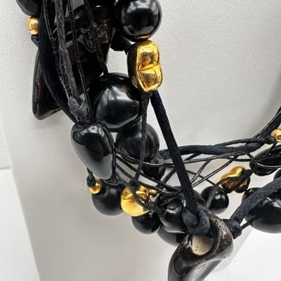 Vintage 90s Black Multi Strand Cluster Necklace Gold Tone Women's Jewelry Retro - Thumbnail 4